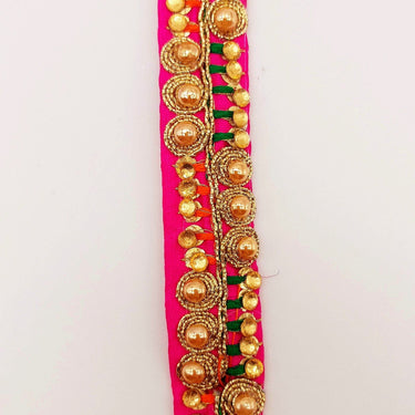 Fuchsia Pink Fabric Embroidered Trim with Gold Beads, Decorative Sari Trim, Trim By 3 Yards